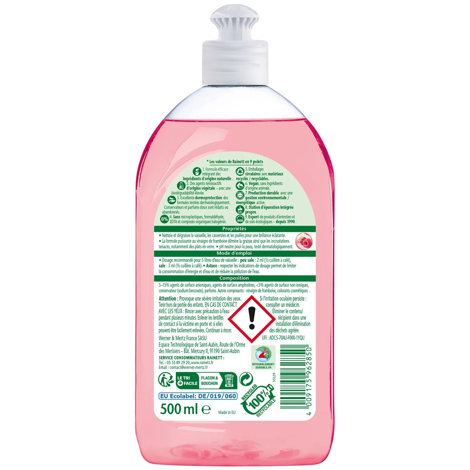 Rainett Liquide Vaisselle Écologique Super Dégraissant Vinaigre de Framboise 500 ml