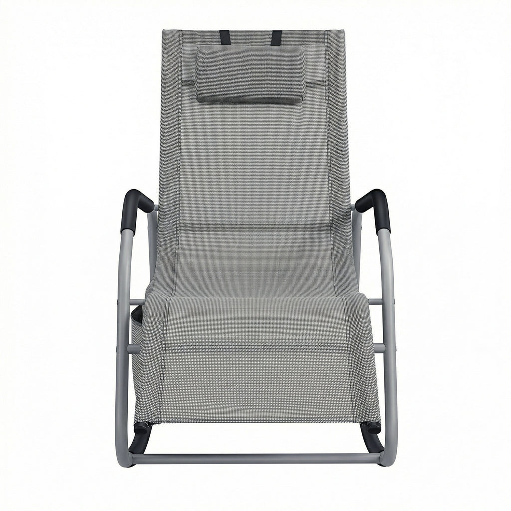 JOYFURNOS Chaise Relax de Jardin, Fauteuil à Bascule avec Poche, Cadre en Acier, Tissu Respirant, Gris Tourterelle