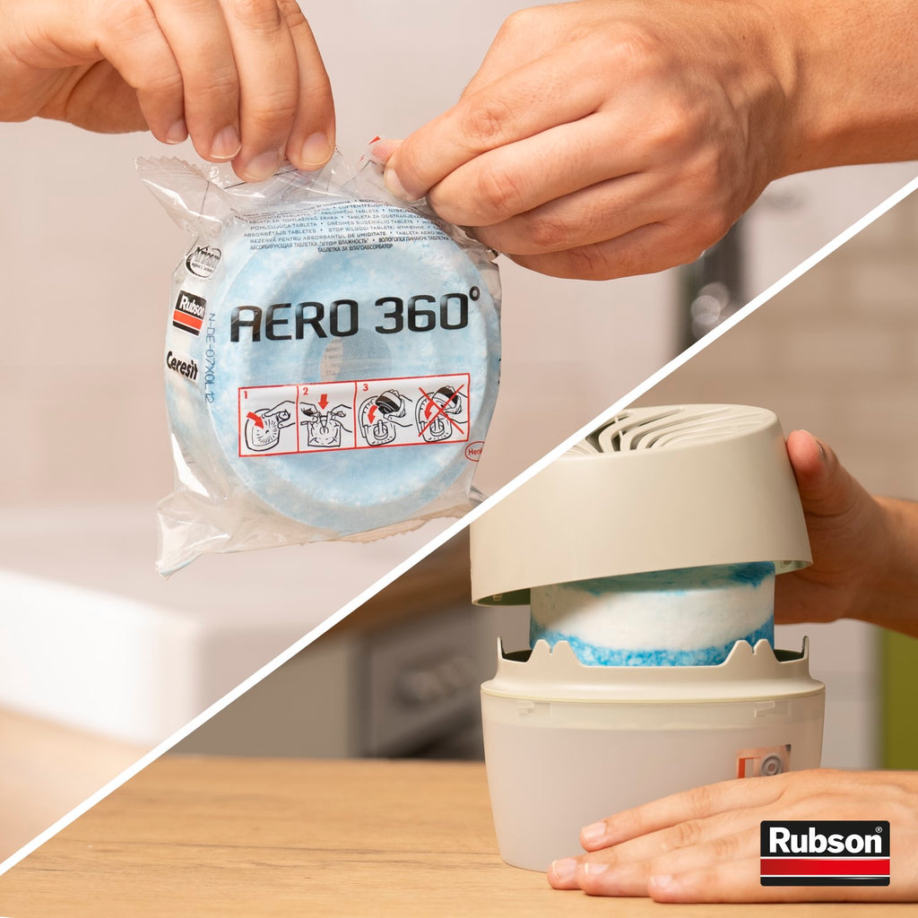 Rubson – Absorbeur d'Humidité Aero 360° Couleur Crème (1 appareil + 1 recharge de 450 g) – Absorbeur anti-humidité pour pièce jusqu'à 20 m² – Déshumidificateur d'air anti-odeur et anti-moisissure