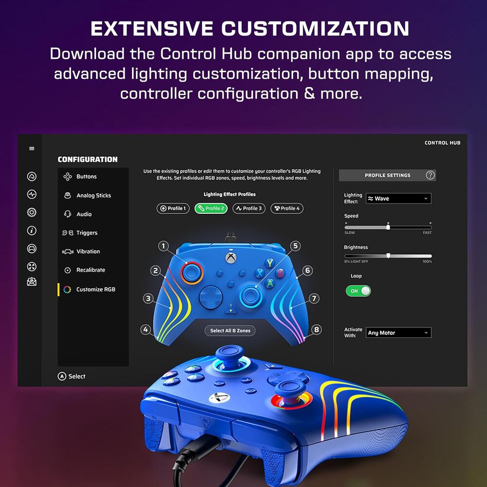 Turtle Beach Afterglow Wave Manette filaire Câble USB Éclairage RVB - Gâchettes à effet Hall & Boutons programmables - Xbox Series X|S, PC (Licence officielle Microsoft) - Bleu