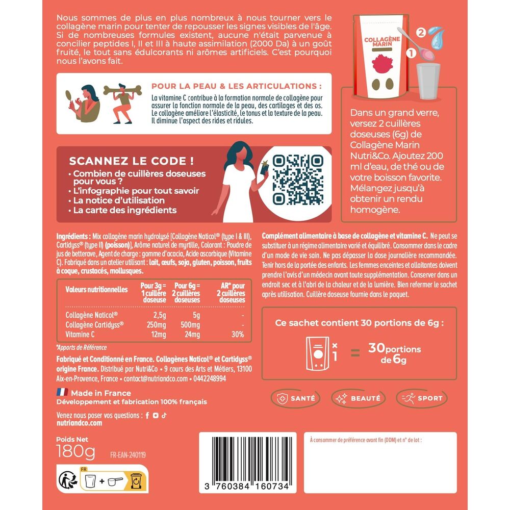 Nutri&Co Collagène marin types 1, 2 et 3 - goût fruits rouges - 180 g
