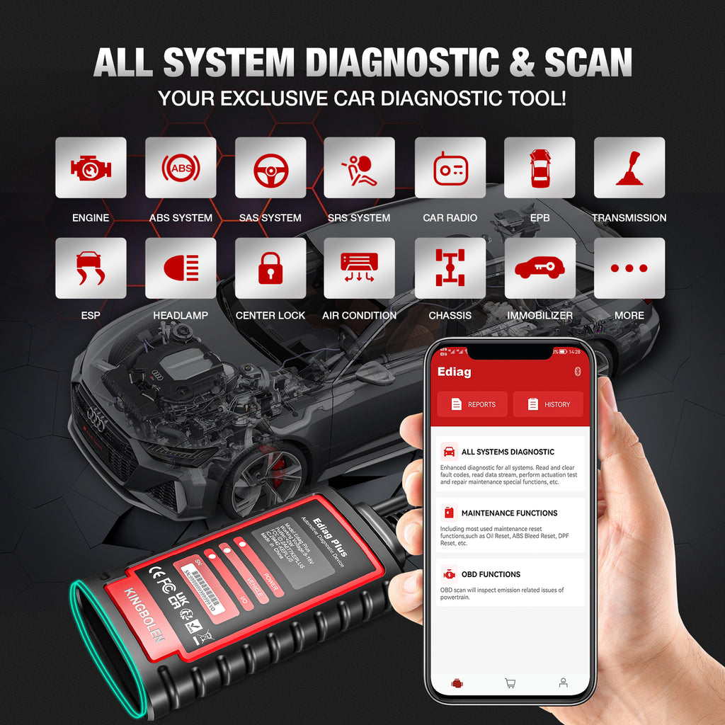KINGBOLEN EDIAG PLUS Scanneur de Diagnostic OBD2 pour Tous les Systèmes, Outil de Scan Intelligent Supportant le Protocole CAN-FD, 15+ Réinitialisations, Codage ECU, avec Abonnement Logiciel d'1 An