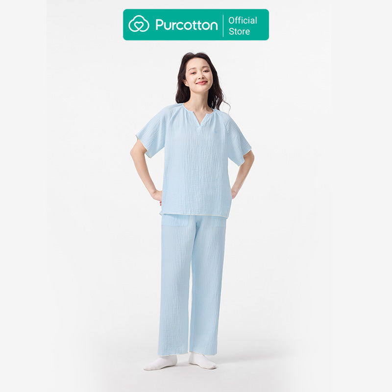 Purcotton Ensemble de loungewear en gaze Airysoft pour femme - Style pantalon long, respectueux de la peau, style reposant et décontracté - Bleu pur - Haut : 165/88A ; Bas : 165/72A