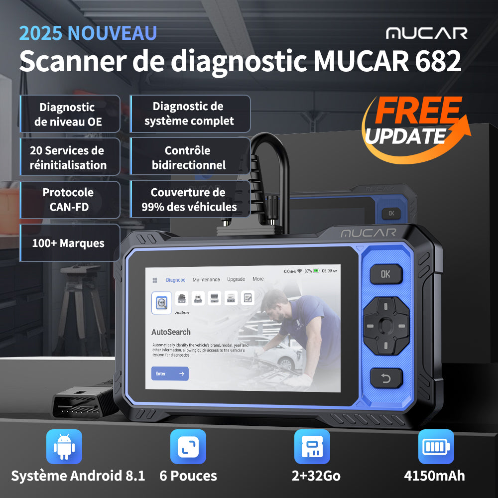 MUCAR 682 Scanner de diagnostic professionnel système complet OE, contrôle bidirectionnel, plus de 20 fonctions de réinitialisation, CAN-FD & FCA AutoAuth, diagnostic IA
