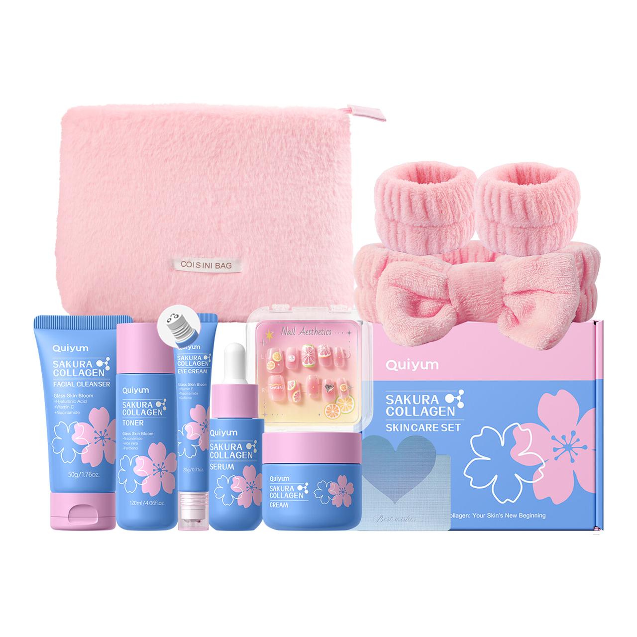 Quiyum Kit de soins au collagène Sakura (8 pièces) : Comprend nettoyant 50g, tonique 120ml, sérum 30ml, crème contour des yeux 20g, crème 50g, serre-tête