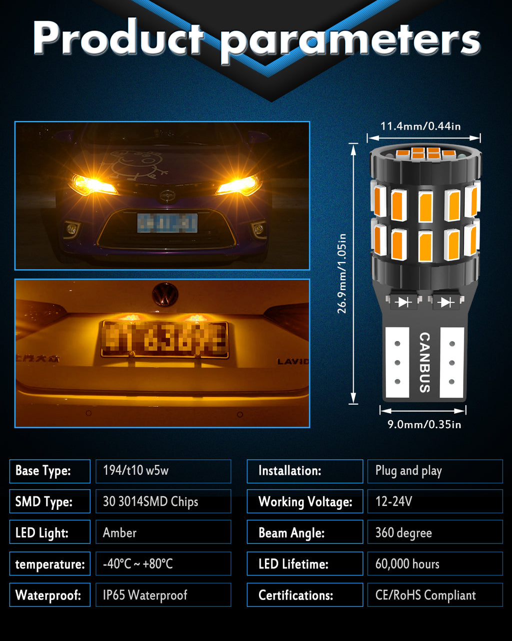 Katur 194 T10 W5W 501 168 Ampoule LED très brillante Jaune ambré 12-24 V Compatible bus CAN sans erreur Remplacement pour plafonnier liseuse éclairage de porte éclairage de courtoisie