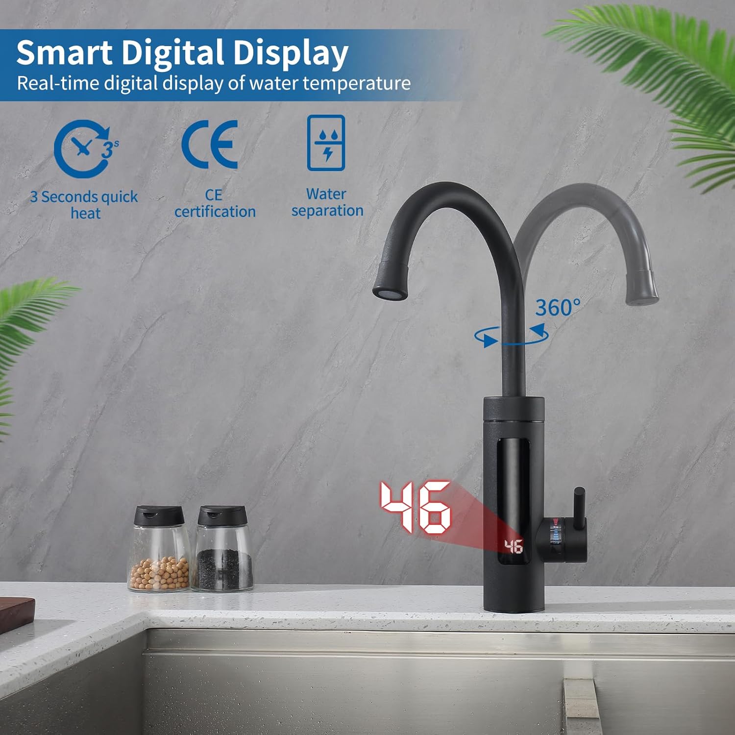 HOMELODY Robinet électrique avec chauffe-eau instantané 230 V, chauffe-eau de cuisine, robinet de cuisine LED, robinet électrique en acier inoxydable - Noir mat