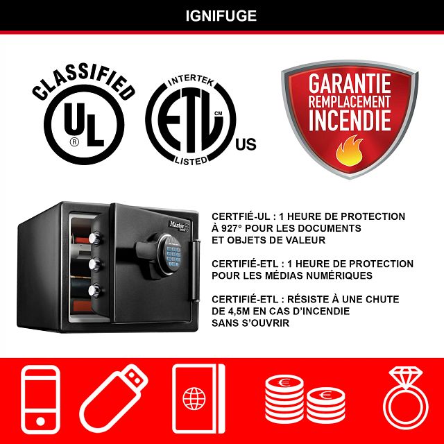Master Lock Coffre-fort certifié résistant au feu et étanche, 22,8 L, 415 x 348 x 491 mm, combinaison numérique avec clavier rétroéclairé, pour la maison et les professionnels