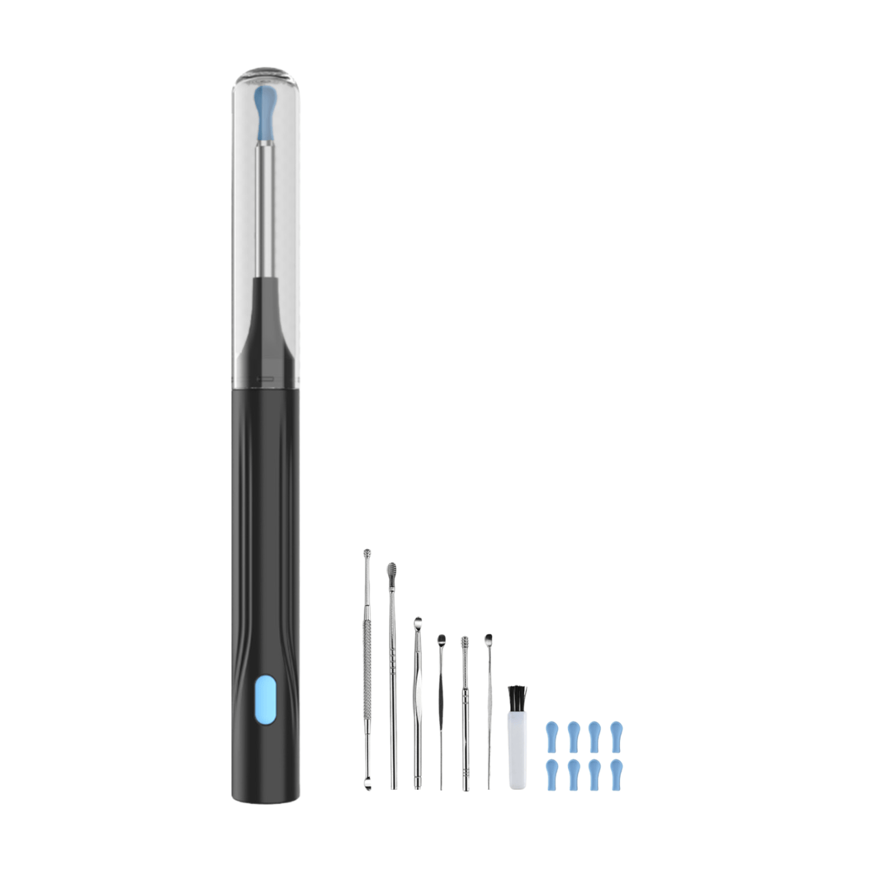 Sunluxy Outil d’extraction de cérumen avec caméra, 10 MP HD, 7 kits, 6 lumières LED, embouts en silicone souple, étanche IPX5, rechargeable type-C, compatible iOS et Android – H1, noir
