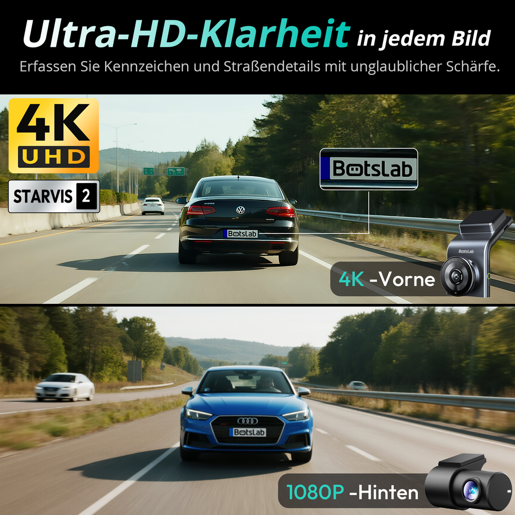 BOTSLAB G300H Plus Dashcam 4K Caméra Embarquée Voiture Avant Arrière | Capteur STARVIS 2, Double Canal WDR, Carte SD 64 Go, Commande Vocale, Wi-Fi 5GHz, GPS, Vision Nocturne