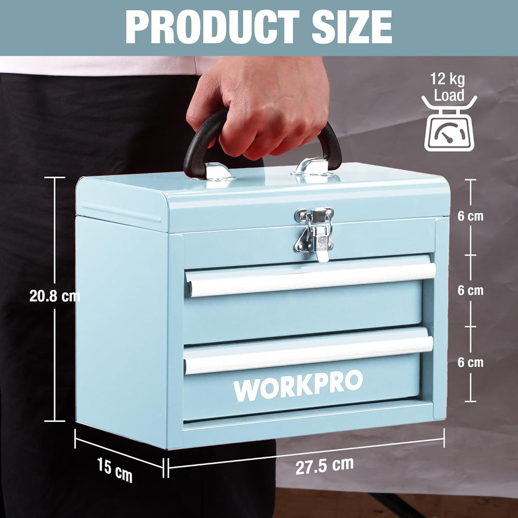 WORKPRO Boîte à outils portable en métal avec 2 tiroirs et espace de rangement supérieur, Bleu clair, 27,5 x 15 x 20,8 cm, Organiseur de table avec tiroirs et poignée pour bureau