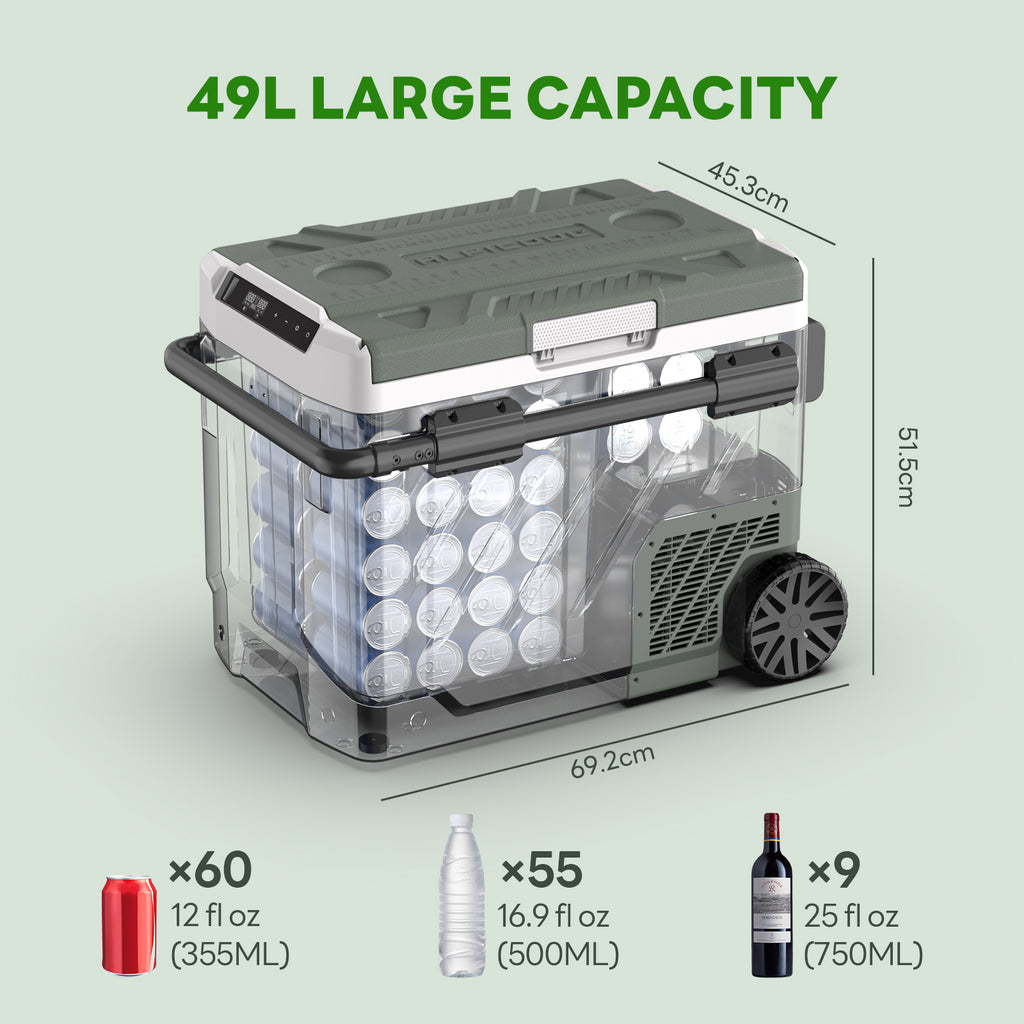 Alpicool Réfrigérateur de voiture 49 L avec contrôle via application, réfrigérateur-congélateur électrique à double compartiment, portable 12 V/24 V, 100-240 V, -20 à 20 °C