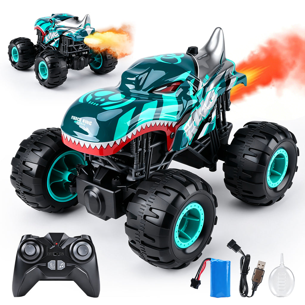 2.4GHz All-Terrain Shark Monster Truck Toy, Remote Control Truck with Music & 3 Lighting Modes, 360° Stunt Function, 2 Batteries Included Ready to Run, Toy Gift for Boys & Girls