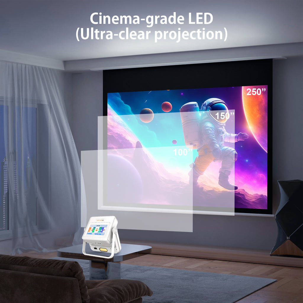 XBJ Projecteur d'extérieur avec tablette tactile, Écran géant de 300" pour projecteur intelligent de home cinéma, Supporte natif 1080P/4K, Avec système Android, 800 ANSI