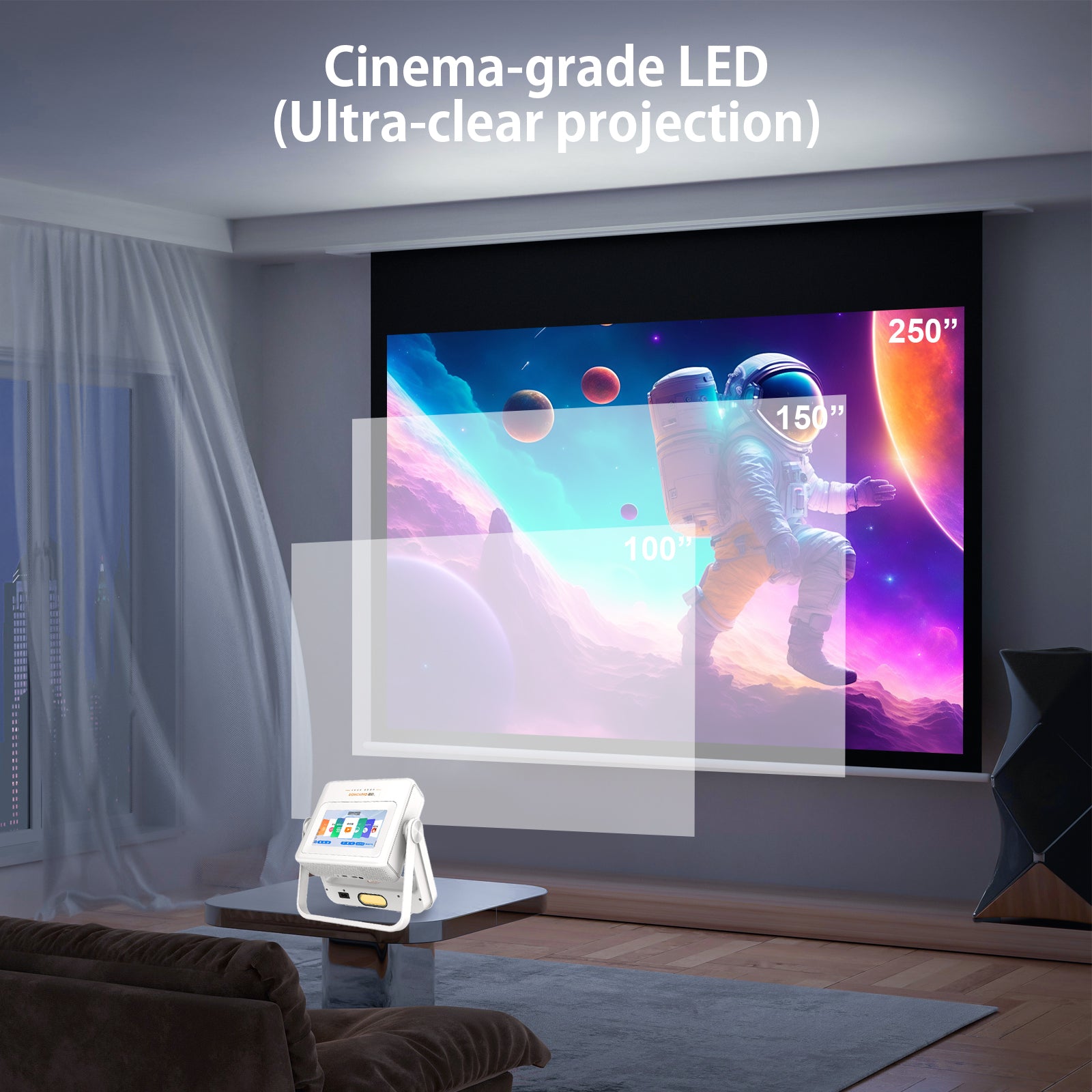 XBJ Projecteur d'extérieur avec tablette tactile, Écran géant de 300" pour projecteur intelligent de home cinéma, Supporte natif 1080P/4K, Avec système Android, 800 ANSI