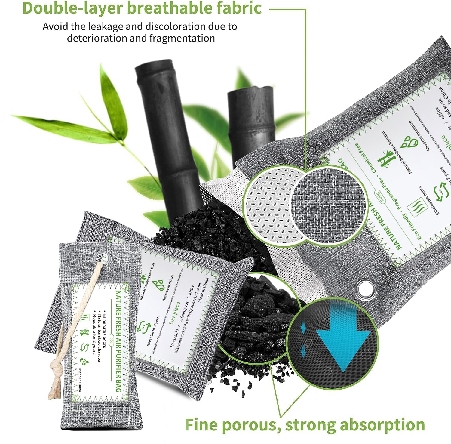 Zooly 6 x 50 g sacs de purification de l'air en bambou, sacs en charbon actif, absorbeur d'odeurs, absorbeur d'humidité, désodorisant d'auto naturel, désodorisant pour chaussures, éliminateurs d'odeurs pour la maison, pour animaux, pour placard