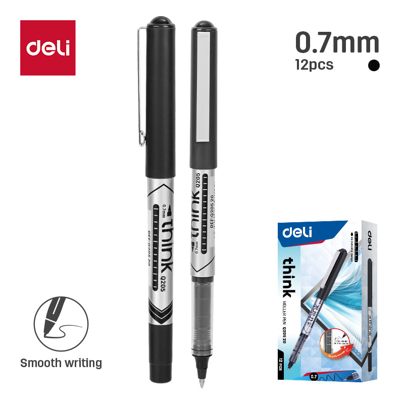 Deli Lot de 12 stylos noirs à encre gélifiée avec pointe de 0,7 mm