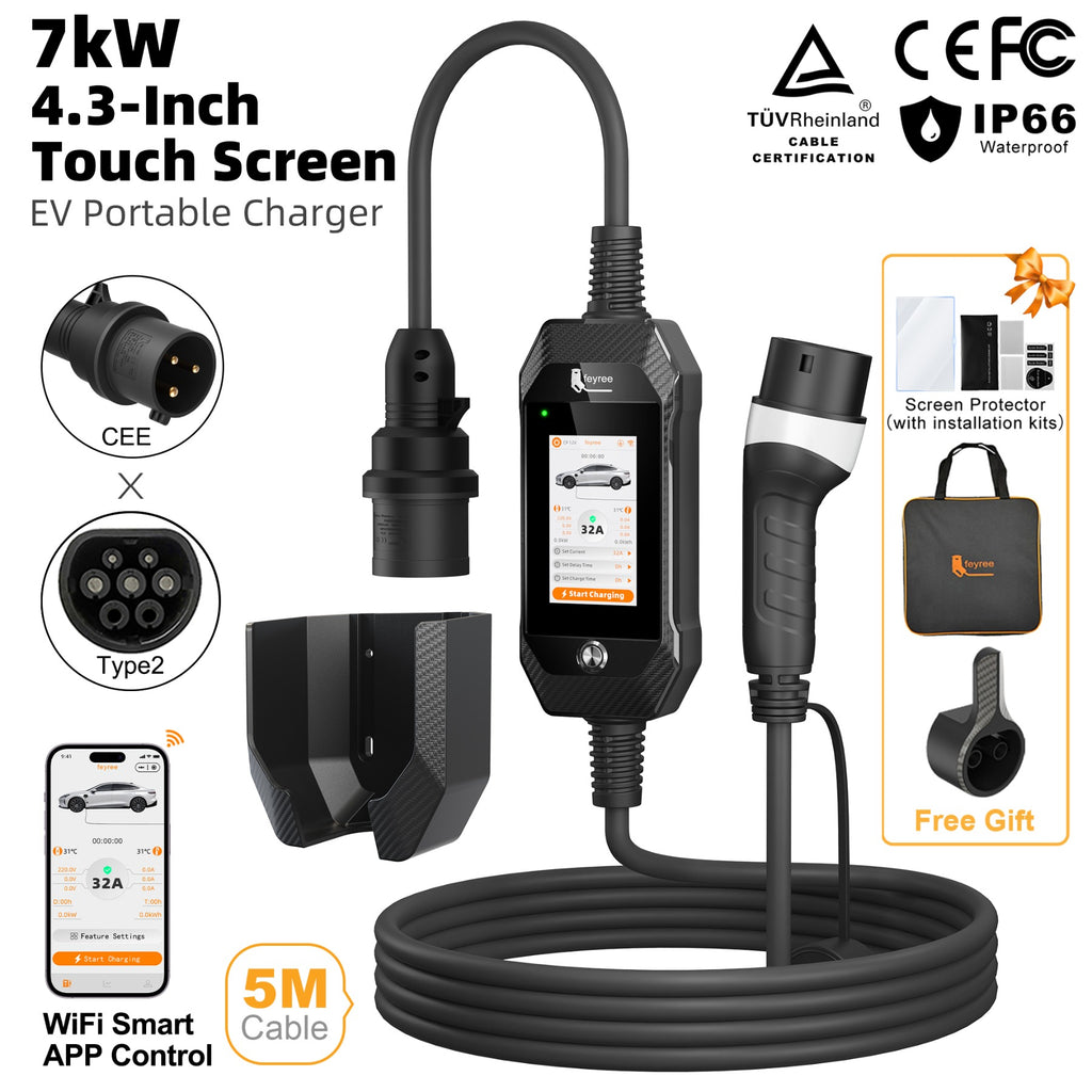 Feyree Chargeur VE portable 7 kW prise de charge Type 2 écran tactile 4,3 pouces avec application Wi-Fi intelligente chargeur VE domestique design professionnel