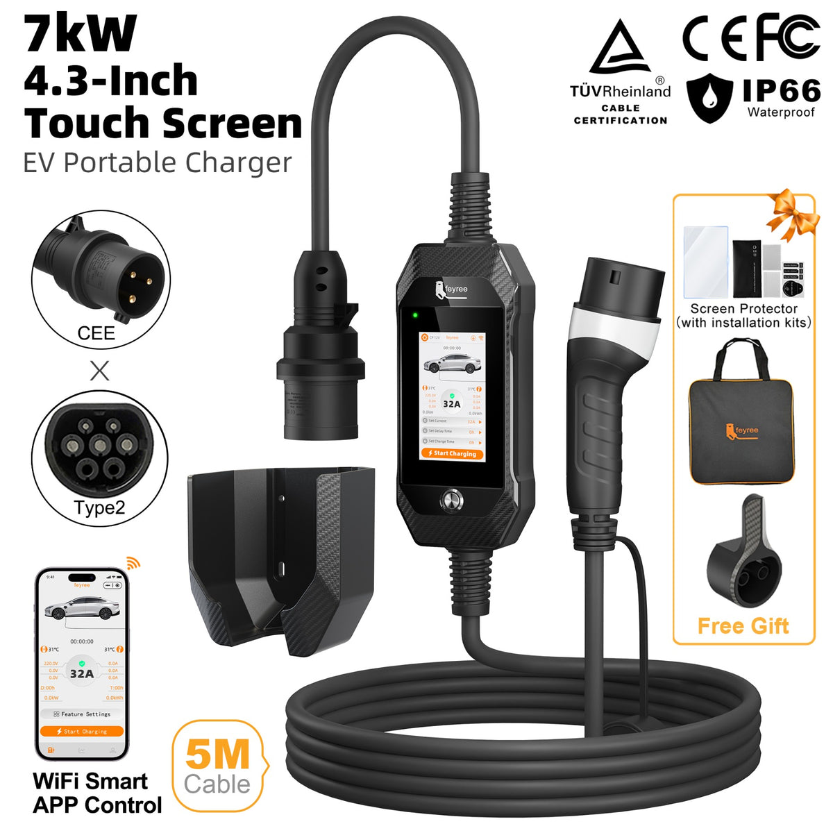 Feyree Chargeur VE portable 7 kW prise de charge Type 2 écran tactile 4,3 pouces avec application Wi-Fi intelligente chargeur VE domestique design professionnel