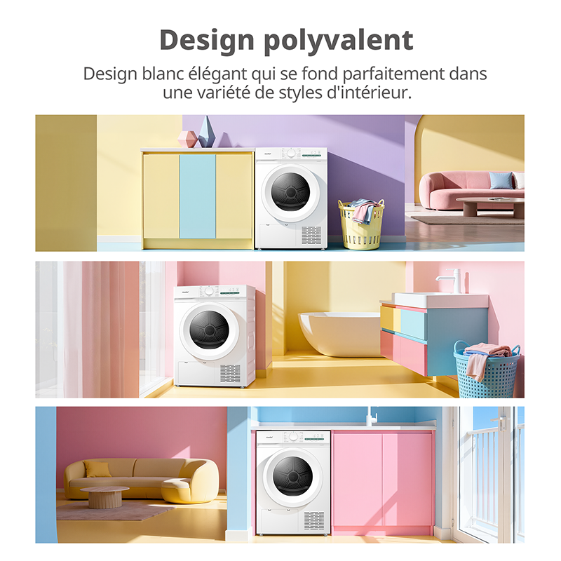 Comfee' Sèche-linge à pompe à chaleur CD08EHP05W-HR, 8 kg, classe énergétique D, lumière UV pour une pureté hygiénique, fonction de rafraîchissement, écran LED, séchage rapide, blanc
