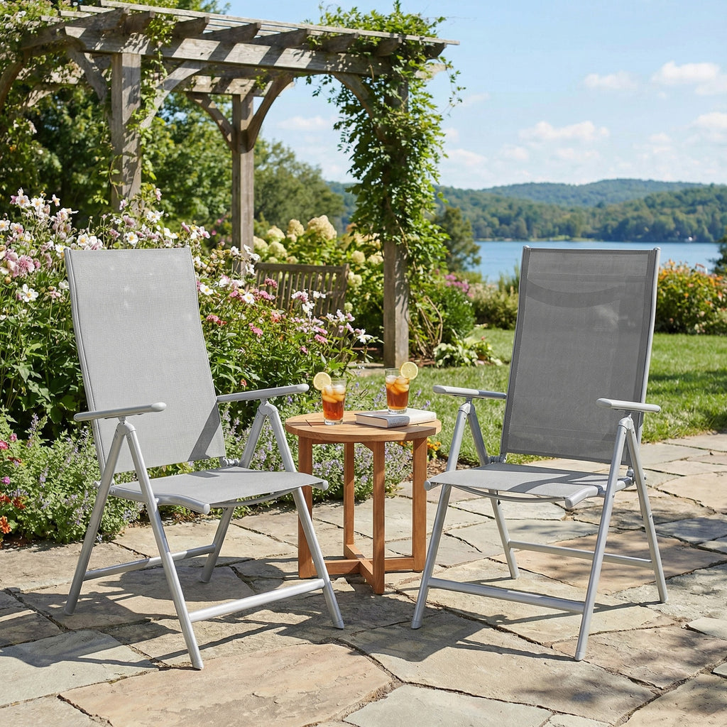 JOYFURNOS Lot de 2 Chaises de Jardin Pliantes, Chaises d’Extérieur avec Structure en Aluminium Résistante, Dossier Inclinable à 8 Positions, Capacité Max. 150 kg par Chaise, Gris