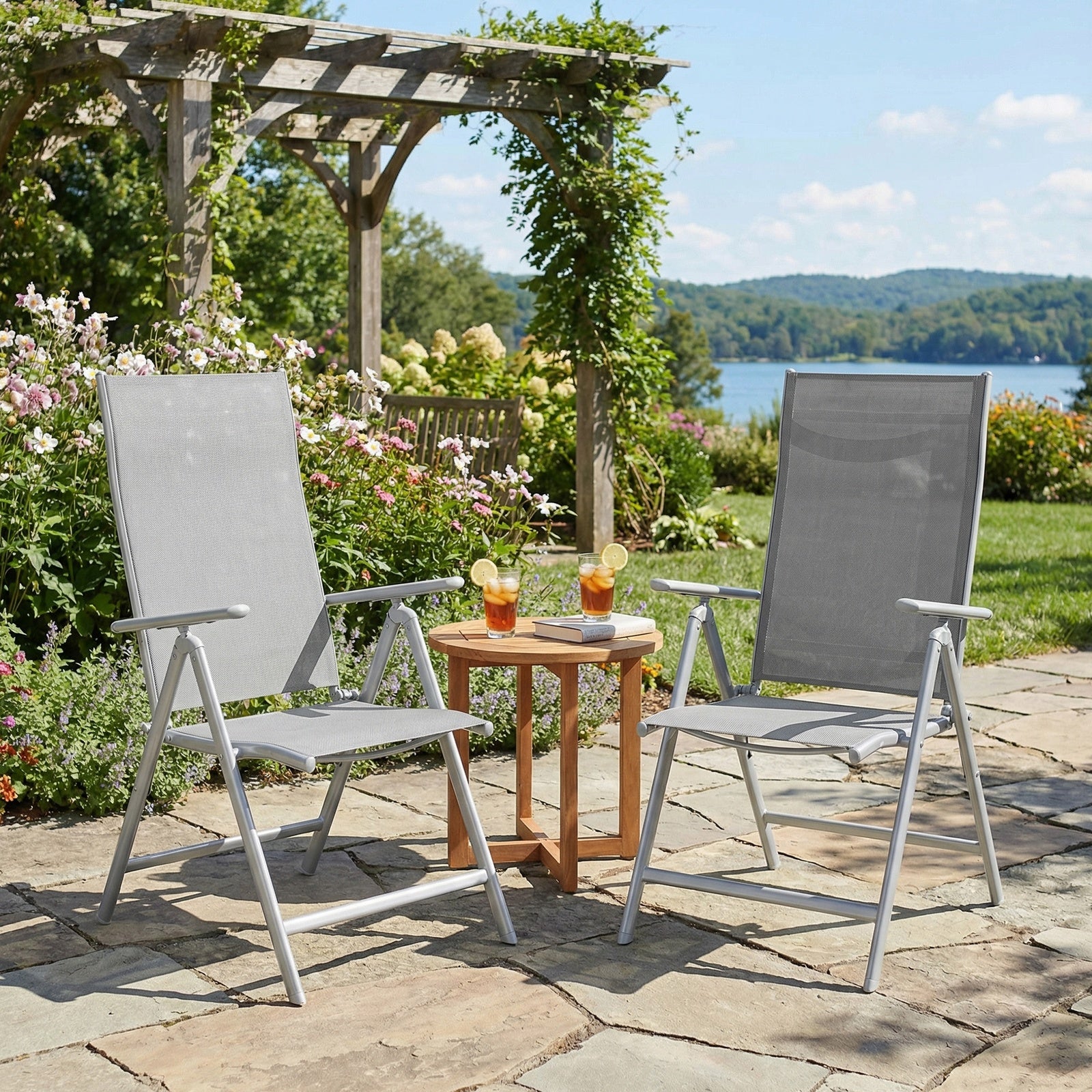 JOYFURNOS Lot de 2 Chaises de Jardin Pliantes, Chaises d’Extérieur avec Structure en Aluminium Résistante, Dossier Inclinable à 8 Positions, Capacité Max. 150 kg par Chaise, Gris