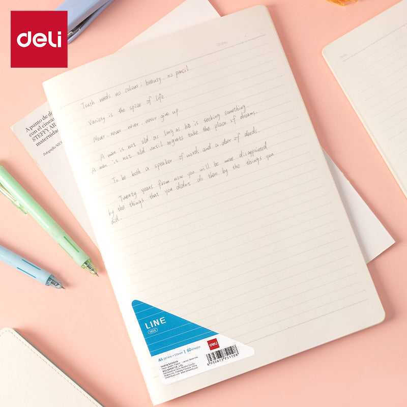 Deli Cahier à spirale A4 avec couverture en polypropylène : 60 pages de papier 70 g/m², réglure 8 lignes - Parfait pour l’école et le travail, lot de 4