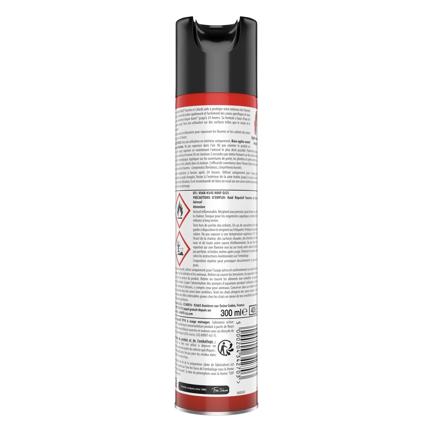 Raid Aérosol Anti-Rampants Fourmis & Cafards Base d'eau sans Parfum 300 ml