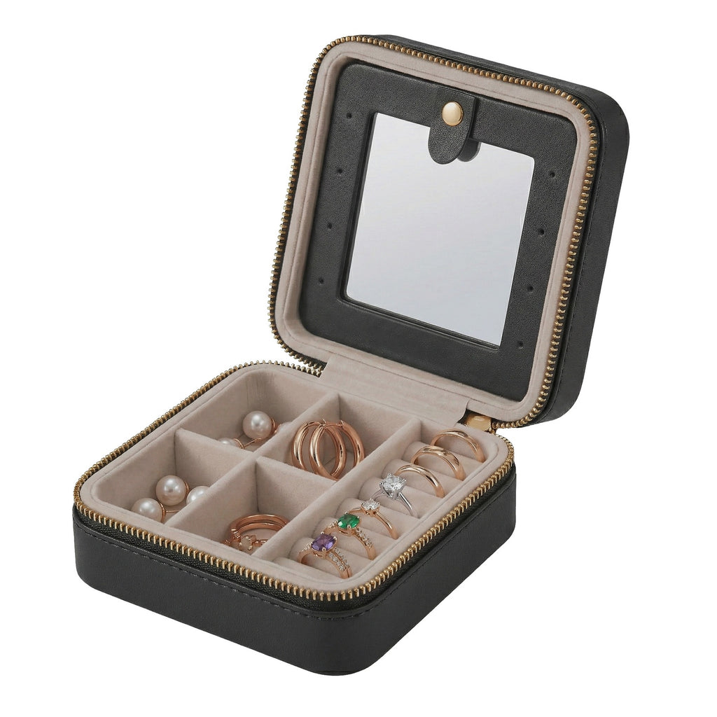 JOYFURNOS Boîte à Bijoux 11,4 x 11,4 x 5,5 cm avec Miroir Intérieur, en Cuir PU, Rangement à Bijoux pour Femme, Organiseur Compact et Portable, Idée Cadeau, Noir Encre