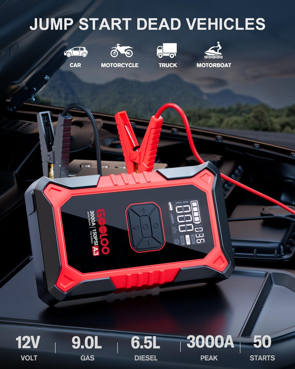 (GOOLOO10) Démarreur de voiture GOOLOO A3 avec batterie externe et compresseur, batterie externe de démarreur de secours 3000 A 150 PSI pour véhicules 12 V (jusqu'à 9,0 L d'essence /