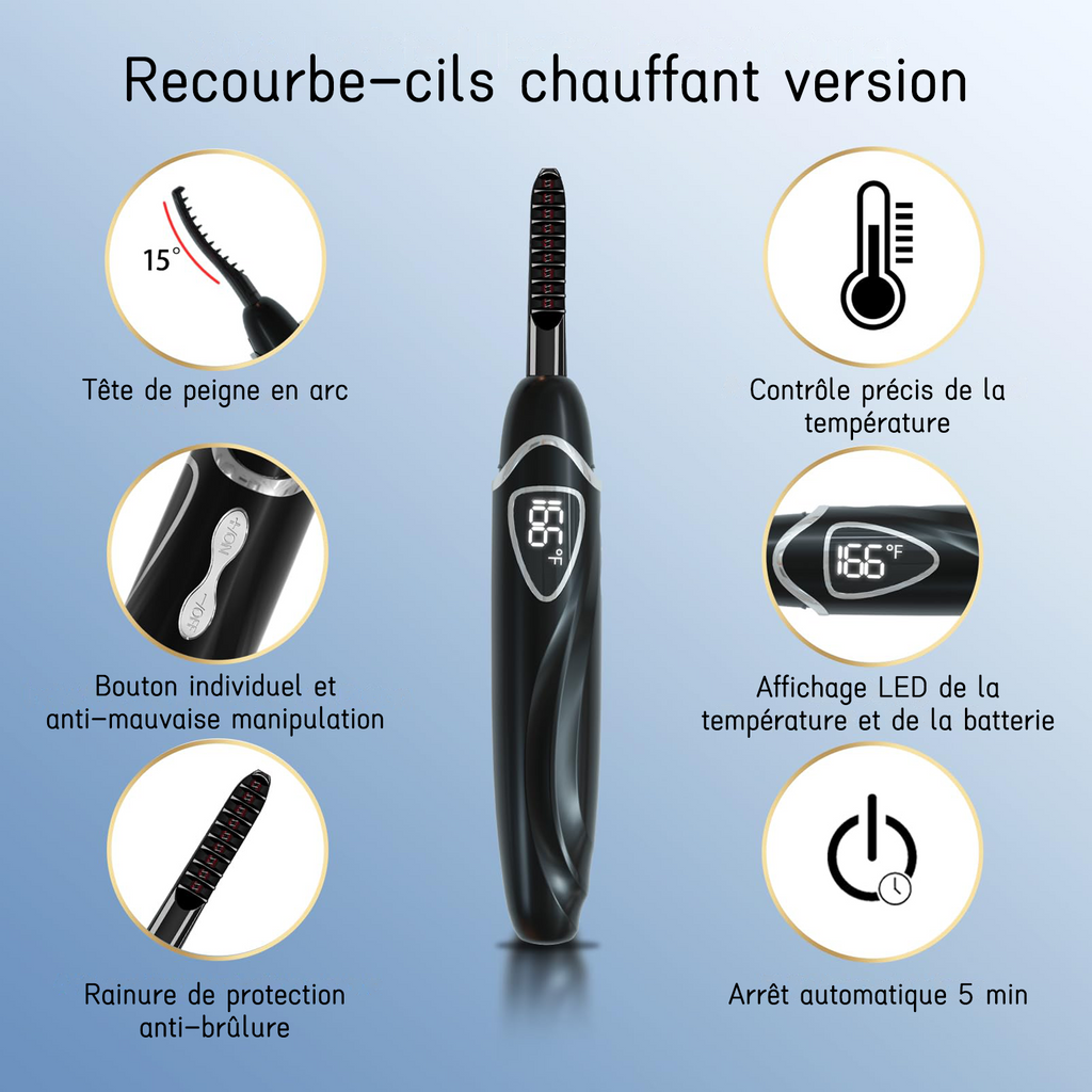 SUNLUXY S600 Recourbe-cils électrique pour courbure naturelle longue tenue, avec affichage LED de la température et de la batterie, arrêt automatique de sécurité - Noir