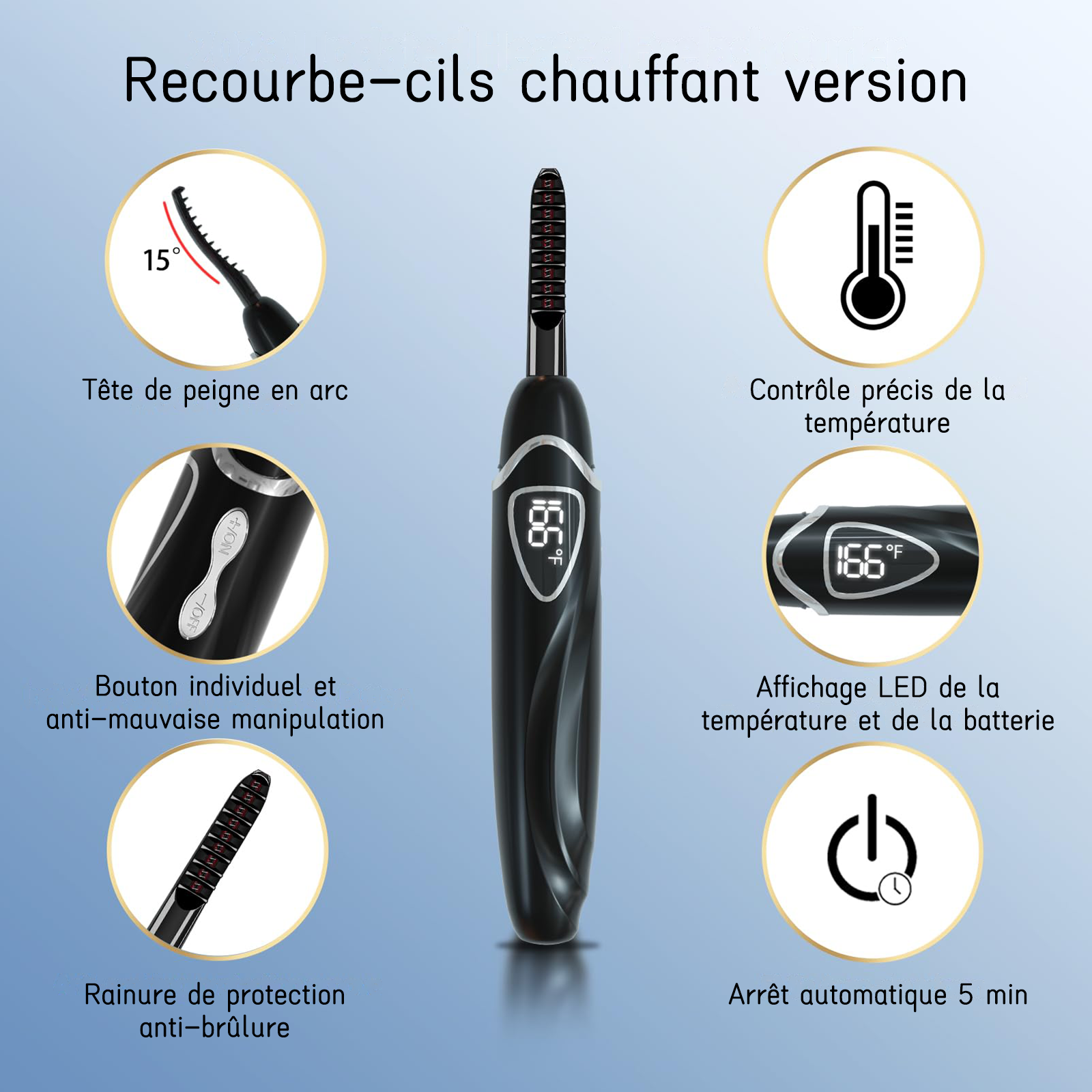 SUNLUXY S600 Recourbe-cils électrique pour courbure naturelle longue tenue, avec affichage LED de la température et de la batterie, arrêt automatique de sécurité - Noir