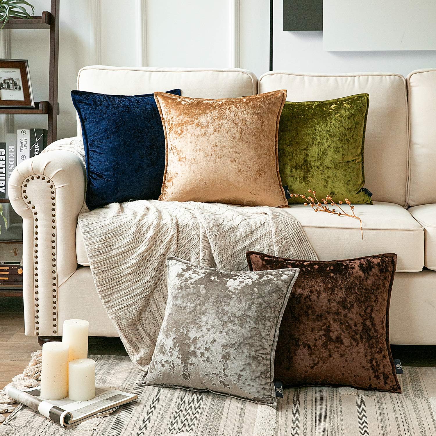 PHANTOSCOPE Housse de Coussin en Velours Gaufré Brillant avec Galon, Carré, 1 Pièce, Marron, 18 x 18 Pouces (45 x 45 cm), pour Canapé, Lit et Chaise