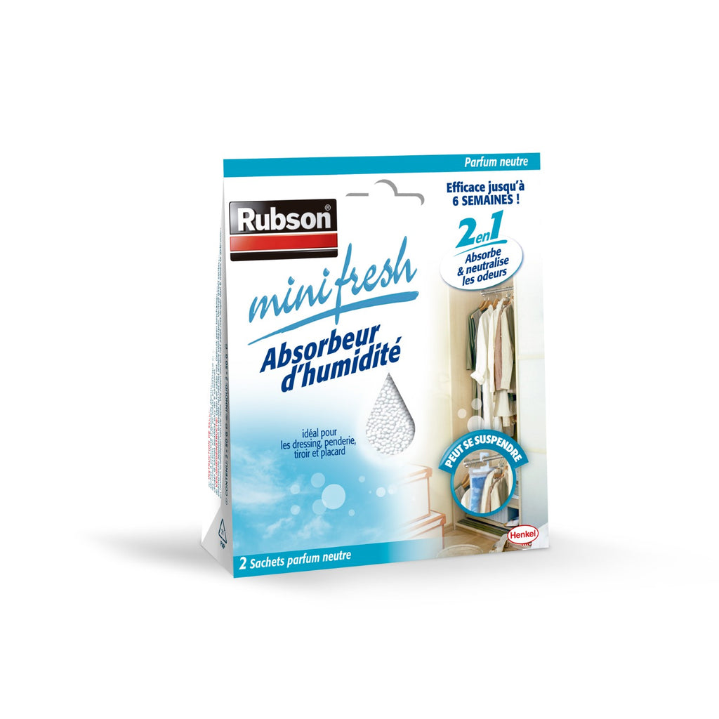 Rubson – Absorbeur d’humidité Minifresh parfum neutre (2 sachets de 50 g) – Idéal pour dressing, penderie, tiroir et placard – Efficace jusqu'à 6 semaines