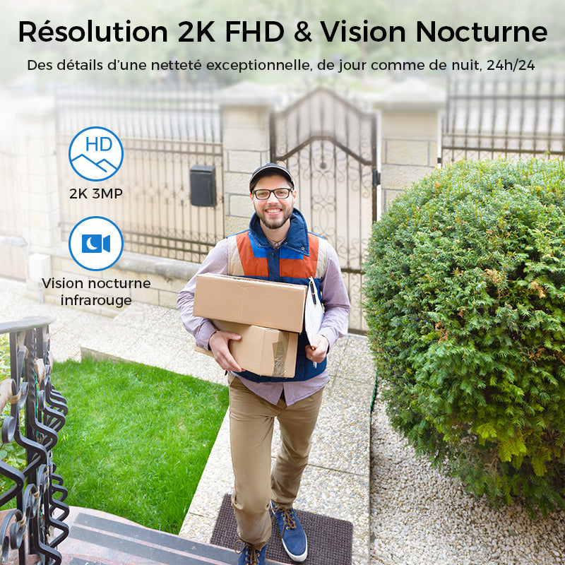 WOOX Sonnette sans fil avec caméra, sonnette vidéo 2K UHD alimentée par batterie 5200 mAh, champ de vision 170°, détection des personnes/colis, vision nocturne, audio bidirectionnel
