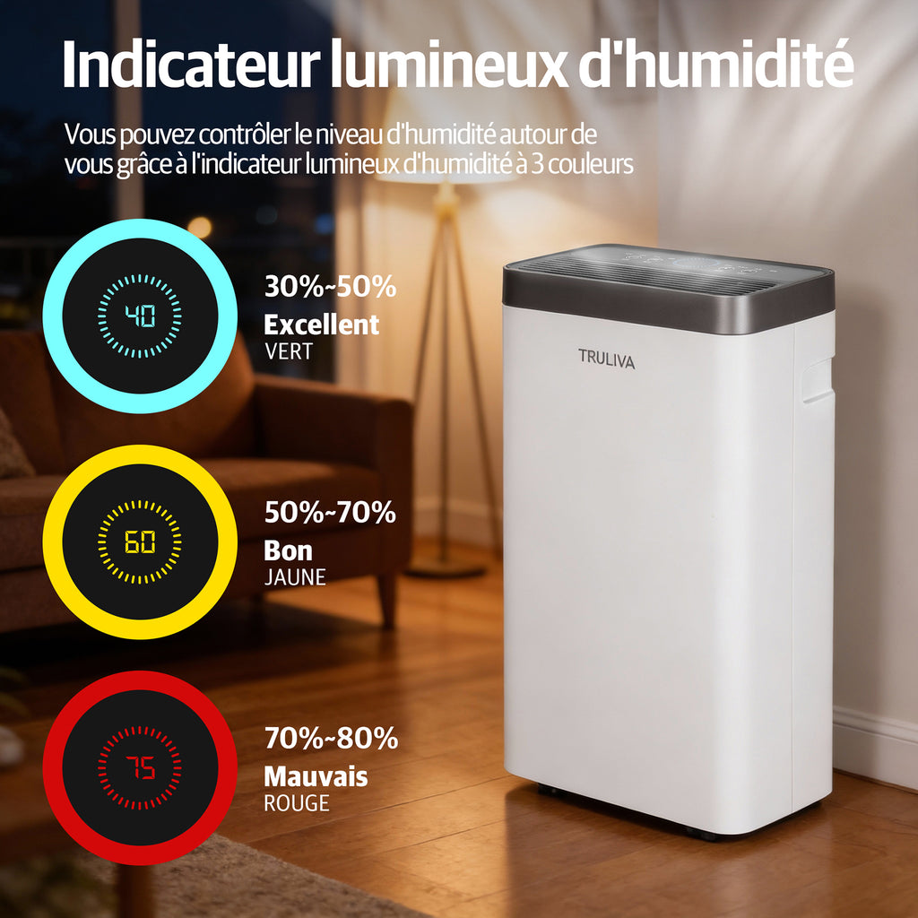 TRULIVA Déshumidificateur pour la maison, jusqu’à 32 m², minuterie 24 h, dégivrage automatique, séchage du linge, vidage continu, idéal pour les appartements humides, AP10-2012EE