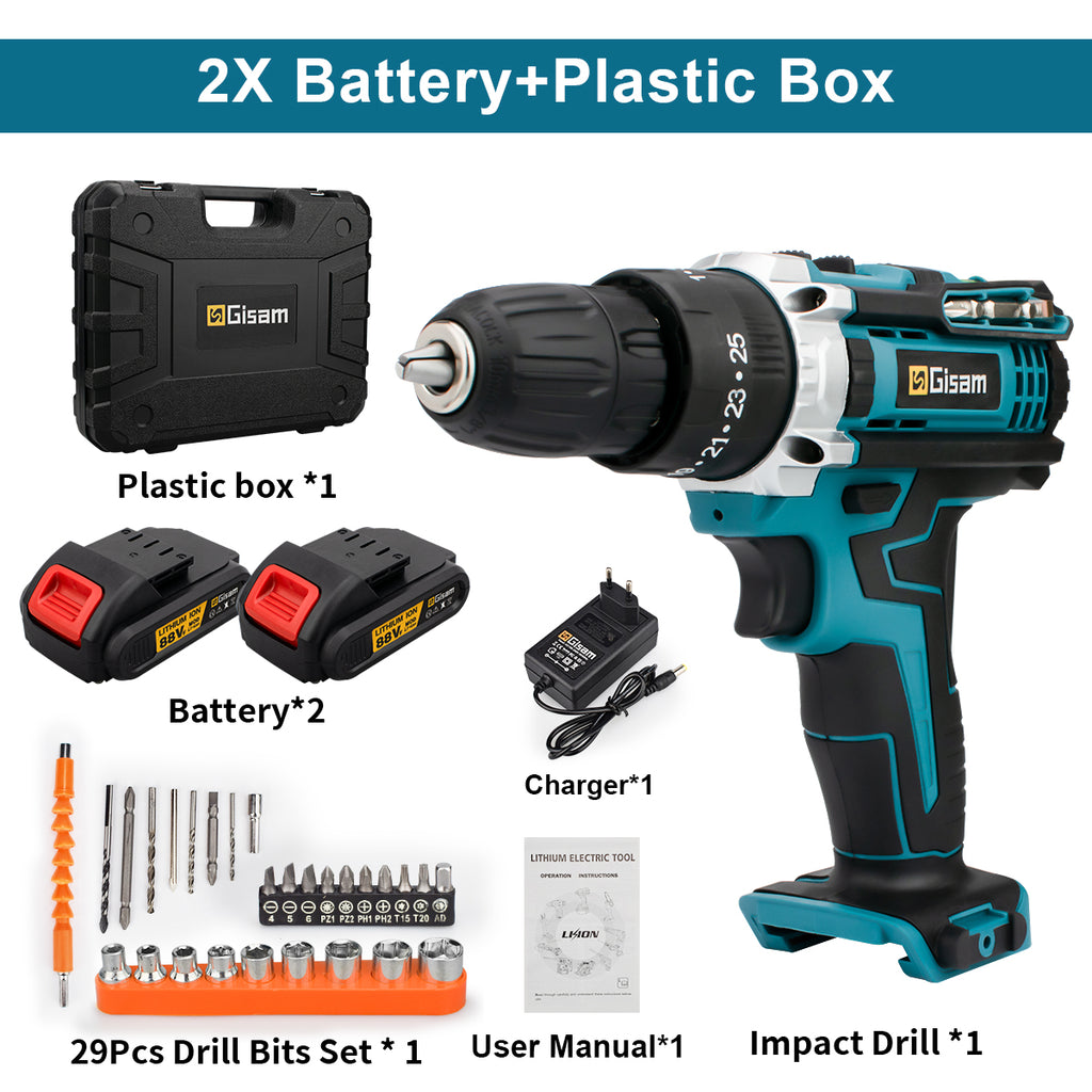 GISAM Perceuse-visseuse à percussion sans fil 25+3 réglages de couple 2 vitesses batterie lithium-ion outils électroportatifs