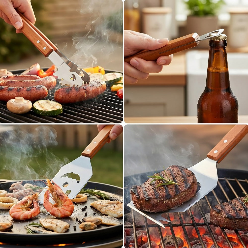 Huacan Set de 3 ustensiles de barbecue en acier inoxydable et manche en bois avec fourchette, spatule et pince à viande