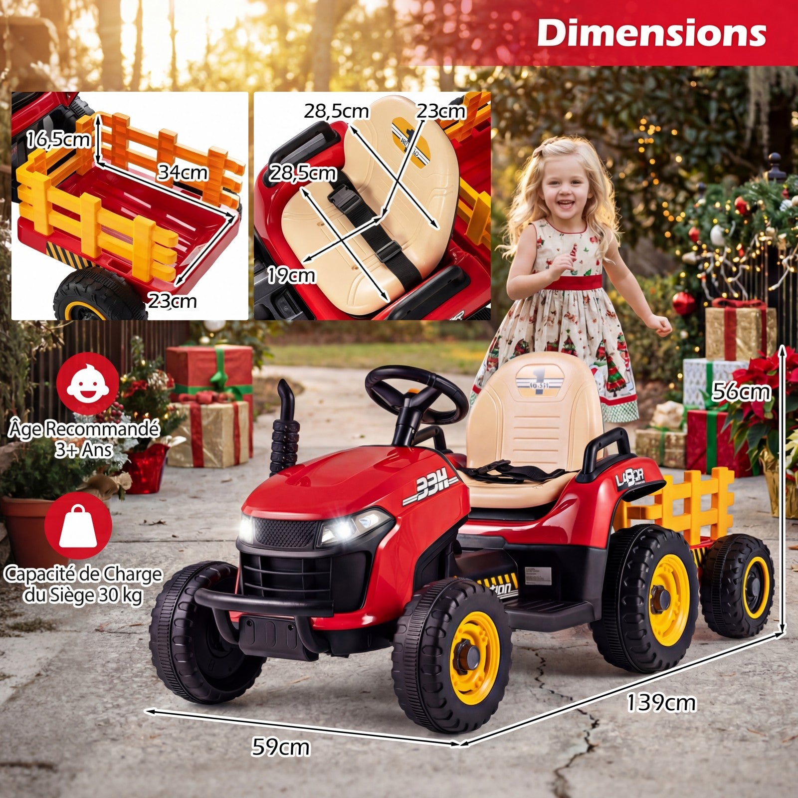 Costway Tracteur électrique 24 V avec remorque, télécommande 2,4 GHz et klaxon - Tracteur électrique pour enfants - Rouge