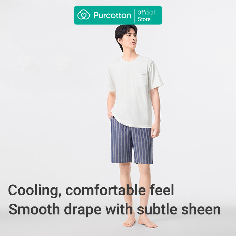 Purcotton Homme Sensation de fraîcheur * Haut en coton hydratant + Short en mousseline Ensemble de maison frais et respirant Hydratant et doux pour l'été - Rayures bleues