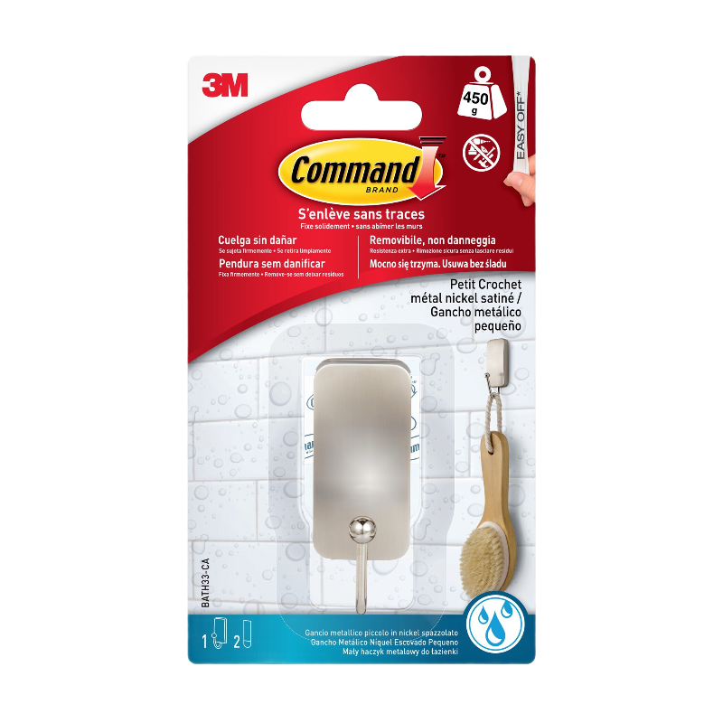 Command™Crochet simple salle de bain Nickel satin Petit Modèle