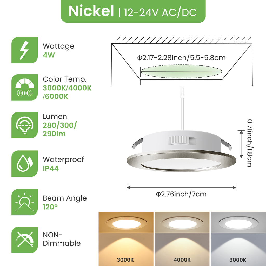 Spot encastré LED - 12-24 V - 4 W - 3000 K Blanc chaud / 4000 K Neutre / 6000 K Froid - Pour plafond et meubles - Perçage Ø 55-58 mm - Profondeur 14,5 mm