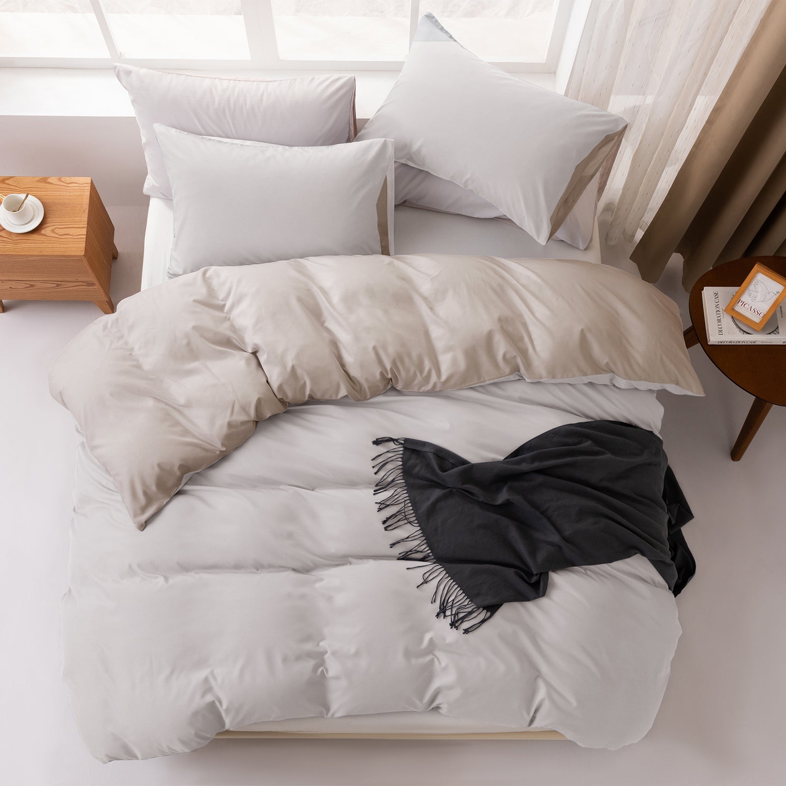 MENDALE Parure de lit premium - Housse de couette 200 x 220 cm avec taies d'oreiller 80 x 80 cm - Microfibre brossée douce, blanc cassé et kaki