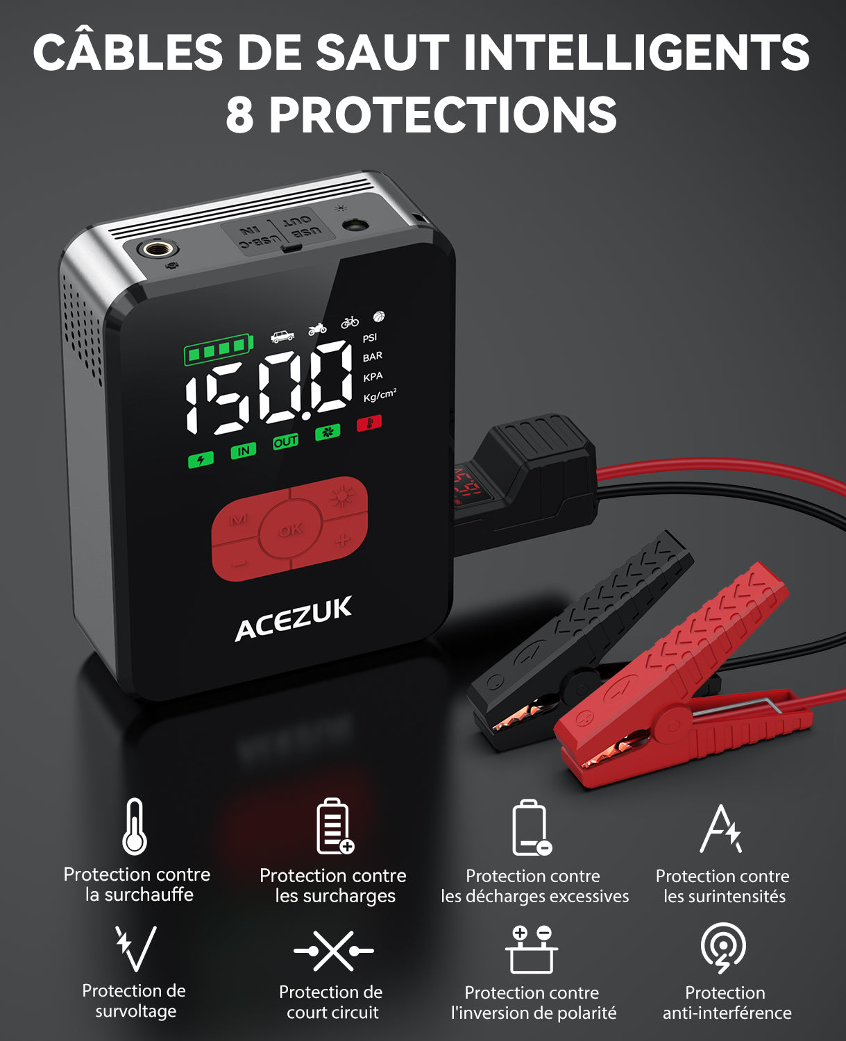 ACEZUK M06 Booster de batterie 7000 A avec batterie externe, pour voitures tout essence et diesel 12 L, avec compresseur d’air 150 PSI, 12 V, câbles de démarrage et éclairage LED