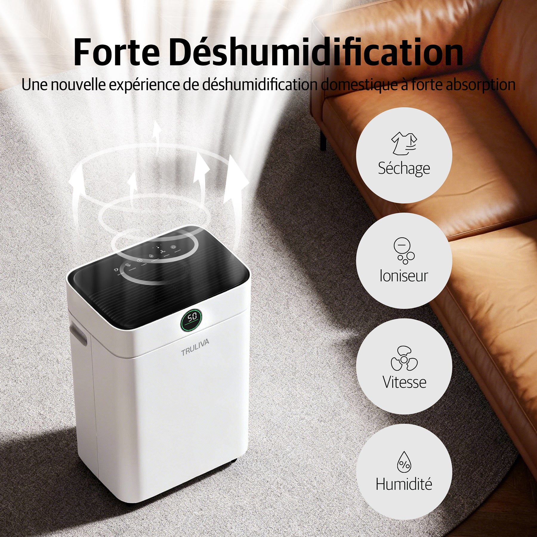 TRULIVA Déshumidificateur 25 L/jour avec séchage du linge, dégivrage automatique, R290, réservoir de 2,8 L et tuyau d’évacuation en continu, pour la maison, les sous-sols