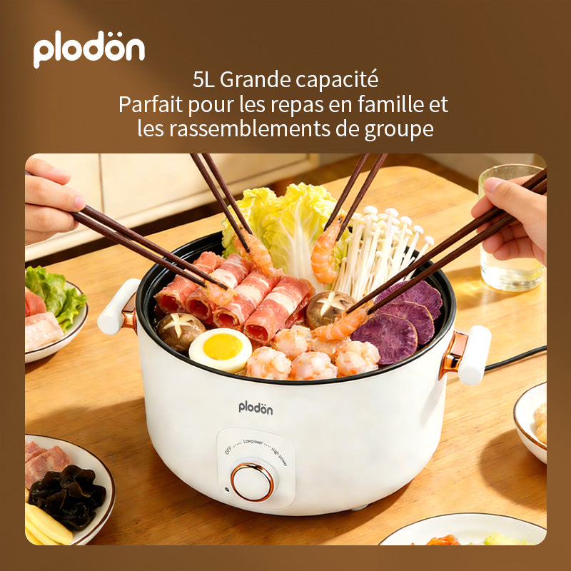 Plodon 1200W 5L Marmite Électrique Multifonction Avec Cuiseur Vapeur Cuve de Cuisson Antiadhésive Mijoteuse Avec Double Contrôle de Puissance Pour Ragoût, Cuisson Vapeur, Fondue