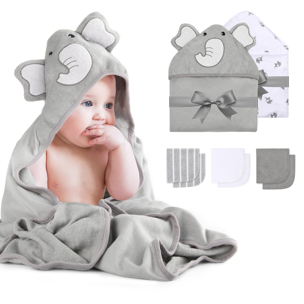 Momcozy Ensemble serviette de bain et lavettes en mélange polyester/coton M19FWXY01 (motif éléphant gris, 8 pièces)