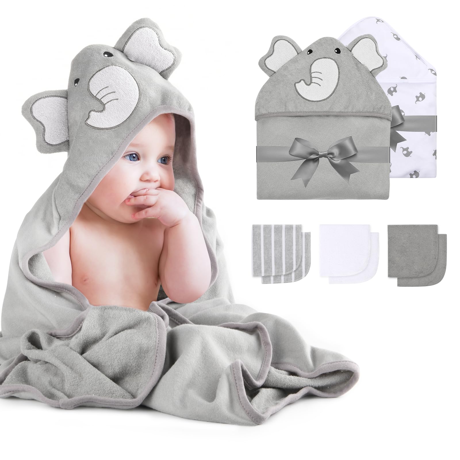 Momcozy Ensemble serviette de bain et lavettes en mélange polyester/coton M19FWXY01 (motif éléphant gris, 8 pièces)