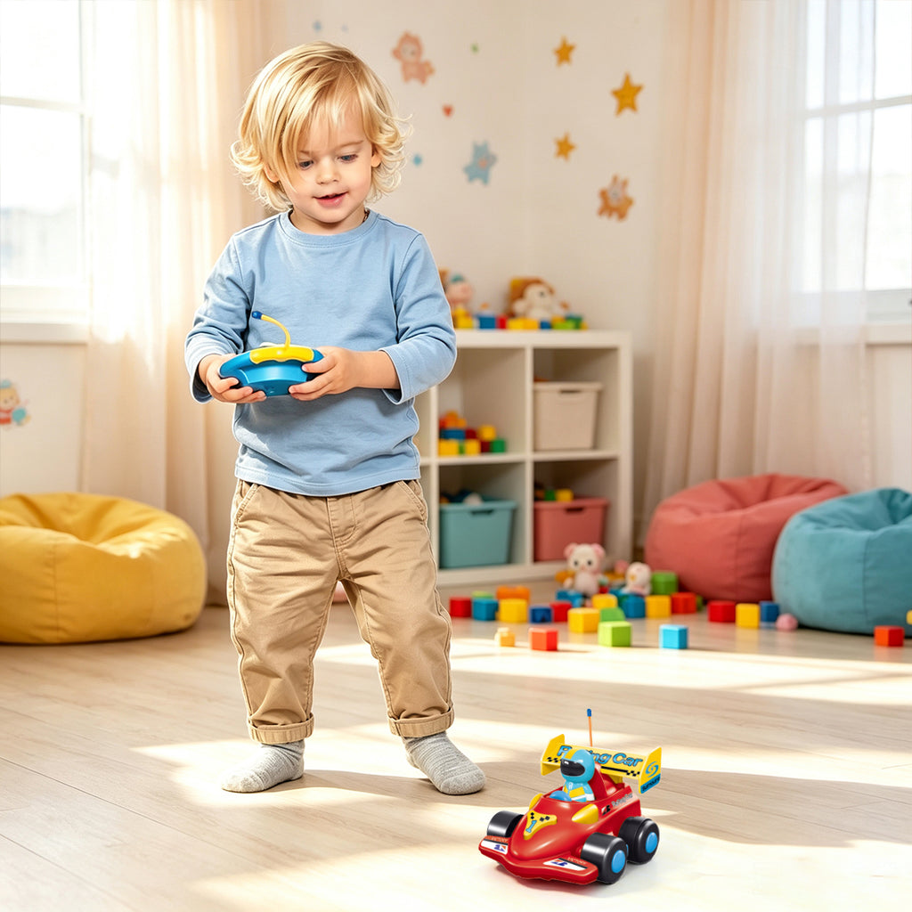 Jouet Voiture de Course RC pour Tout-petits, Voiture de Course de Formule en Plastique Sûre avec Télécommande et Contrôleur de Volant, Jouet Véhicule RC Facile à Utiliser pour Cadeau de Garçons Jeunes Enfants