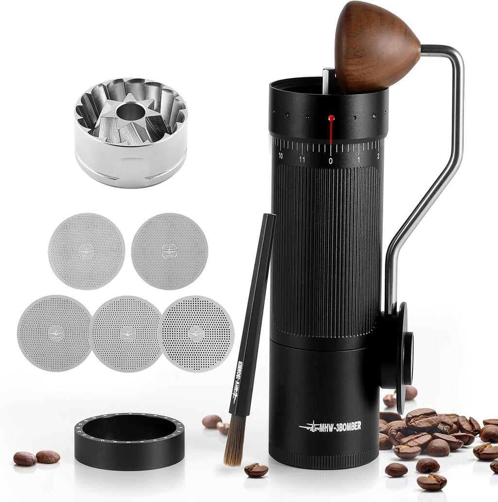 MHW-3BOMBER R3 Moulin à café manuel avec meule conique en acier inoxydable CNC et 5 tamis pour cafetière à piston, filtre, expresso, Réglage externe